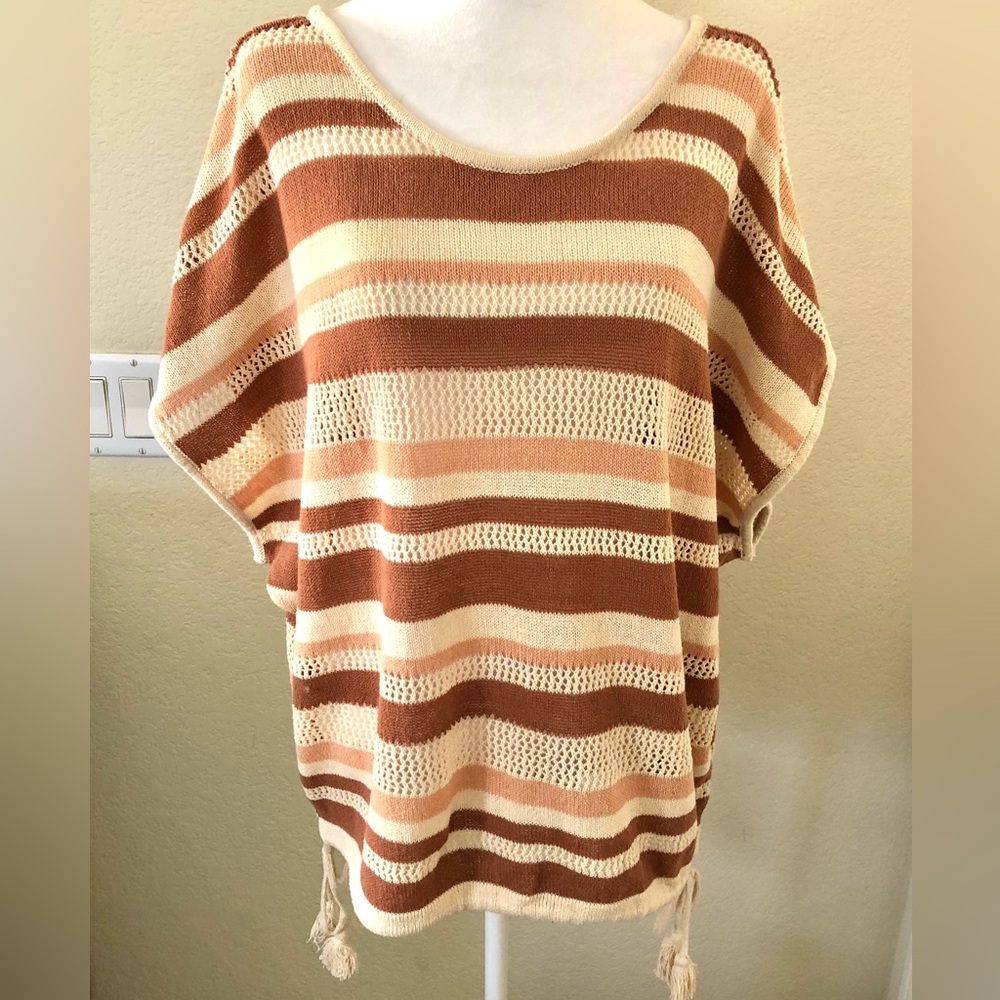 Anthropologie Cream and Brown Striped Deep V Back Knit Top w/ Drawstring Bottom